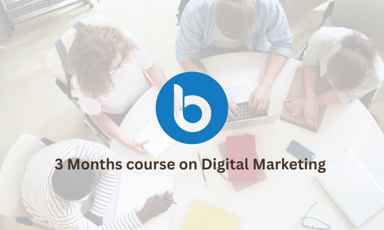 A group of students studying inside bispage classroom as a background photo and written 3 months digital marketing course title with bispage logo as blue circle and white b in centre